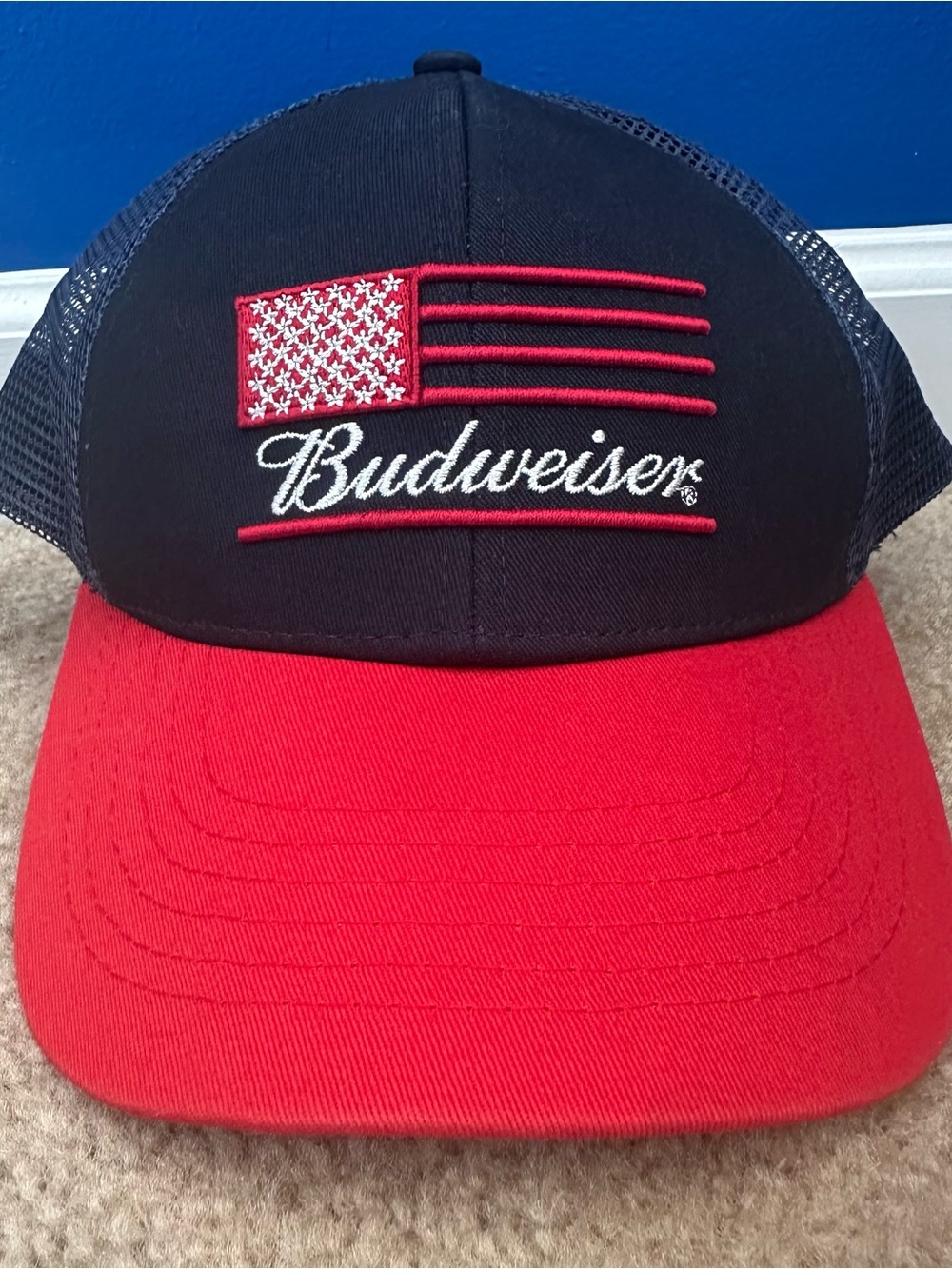 Budweiser Hat K-Products Men's Adjustable Navy Blue Red Mesh Trucker Patriotic